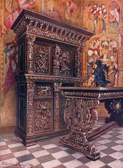 Rzeźbiona dębowa szafa z szyfrem Lamberta Suaviusa z Liege. Rzeźbiony stół dębowy autorstwa Edwin John Foley