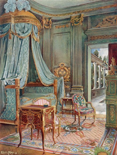 Rzeźbione i pozłacane łóżko z kopułą. Bureau-Toilette (Lub Petit Secretaire) w Marqueterie. Cartonnier w zielonym lakierze autorstwa Edwin John Foley