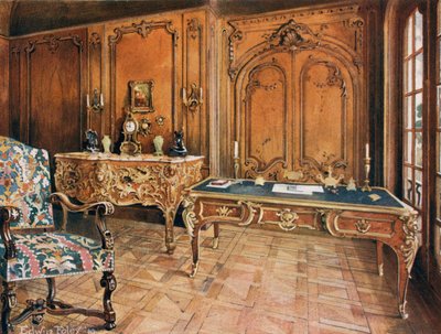 Pokój z panelami: francuski w stylu regencji. Rzeźbione krzesło dębowe. Mahoniowy stół do pisania Ormolu. Ormolu-Mounted Bombe Commode, Charles Cressent autorstwa Edwin John Foley