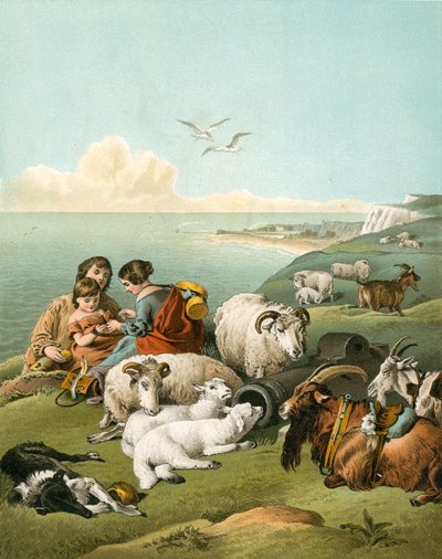 Dzieci bawiące się z owcami i kozami na białych klifach autorstwa Edwin Landseer