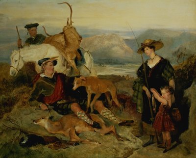 Deer Stalking in the Highlands, przedstawiający księżną Bedford, księcia Gordon i lorda Alexandra Russella (panel) autorstwa Edwin Landseer