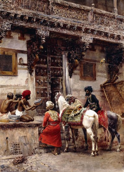 Rzemieślnik sprzedający skrzynie przy budynku z drewna tekowego, Ahmedabad, ok. 1885 r. autorstwa Edwin Lord Weeks