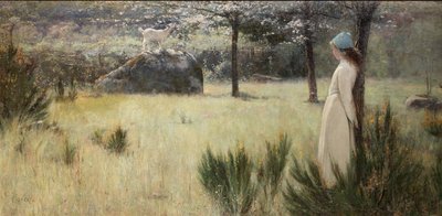 Młoda pasterka i jej koza na wiosennym pastwisku autorstwa Edwin Sherwood Calvert