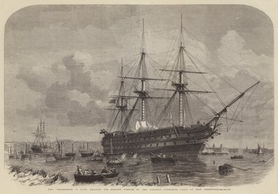 HMS Agamemnon, 91 dział, transportuje angielską część atlantyckiego kabla podwodnego w East Greenwich. autorstwa Edwin Weedon