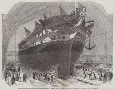 Wodowanie parowca śrubowego Jej Królewskiej Mości James Watt (90 dział) w Royal Dockyard, Pembroke autorstwa Edwin Weedon
