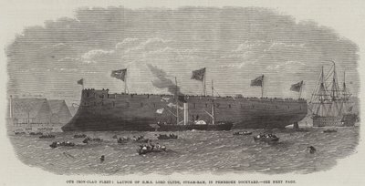 Nasza żelazna flota, premiera HMS Lord Clyde, taran parowy, w stoczni Pembroke autorstwa Edwin Weedon