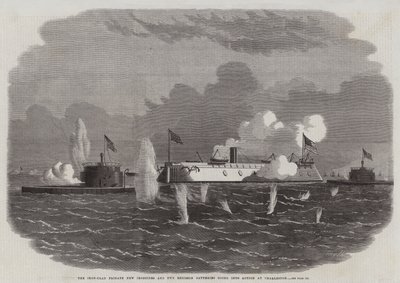 Żelazna fregata New Ironsides i dwie baterie Ericssona wchodzą do akcji w Charleston autorstwa Edwin Weedon