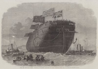 Nowa żelazna flota, wodowanie w Chatham Dockyard w HMS Frigate Royal Oak, 50 dział autorstwa Edwin Weedon