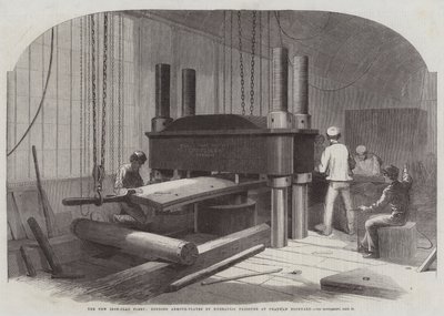 Nowa flota pancerna, gięcie płyt pancernych za pomocą ciśnienia hydraulicznego w stoczni Chatham autorstwa Edwin Weedon