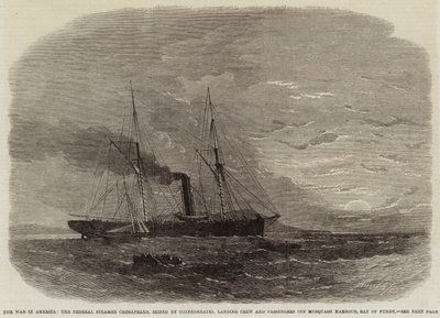 Wojna w Ameryce, federalny parowiec Chesapeake, zajęty przez konfederatów, lądowanie załogi i pasażerów w porcie Musquash w Zatoce Fundy autorstwa Edwin Weedon