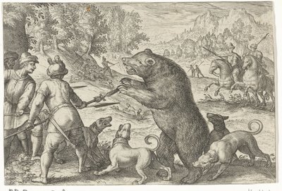 Krajobraz z polowaniem na niedźwiedzia Sceny polowań (tytuł serii) Icones Venantum Gatunek Varias Representantes (tytuł serii) autorstwa Egbert Jansz.