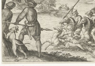 Krajobraz rzeki z polowaniem na jelenie Sceny polowań (tytuł serii) Icones Venantum Gatunek Varias Representantes (tytuł serii) autorstwa Egbert Jansz.