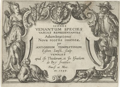 Druk tytułowy do serii ze scenami polowań Sceny polowań (tytuł serii) Icones Venantum Species Varias Representantes (tytuł serii na obiekcie) autorstwa Egbert Jansz.