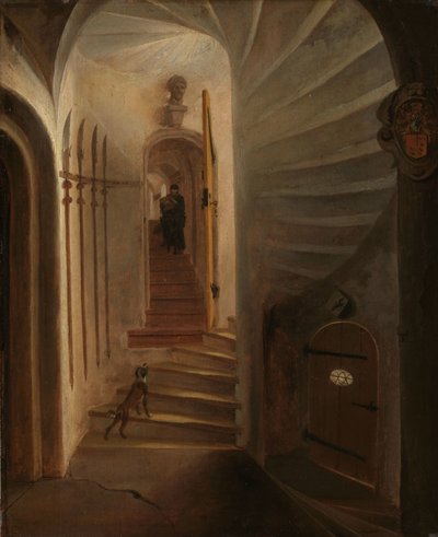 Portal wieży schodowej, z mężczyzną schodzącym po schodach: przypuszczalnie moment przed zabójstwem Wilhelma Cichego w Prinsenhof, Delft autorstwa Egbert Lievensz. van der Poel (attributed to)
