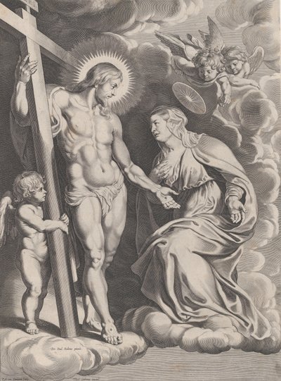 Wstawiennictwo Dziewicy klęczącej na obłoku na prawo przed Chrystusem stojącej..., ok. godz. 1610-37. autorstwa Egbert van Panderen