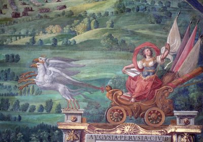 Rydwan ciągnięty przez gryfy, fragment z „Galleria delle Carte Geografiche” autorstwa Egnazio Danti