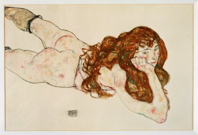 Kobieta nago leżąca na brzuchu - Nagość na brzuchu ... (gwasz i czarna kredka) autorstwa Egon Schiele