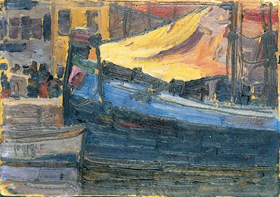 Zakotwiczone łodzie na tle ściany domu, 1908 autorstwa Egon Schiele