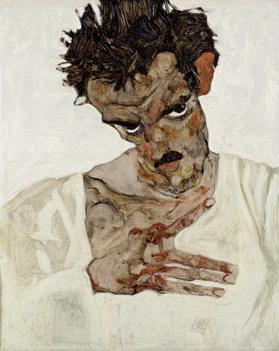 Autoportret z opuszczoną głową. Obraz Egona Schiele (1890-1918), olej na drewnie autorstwa Egon Schiele