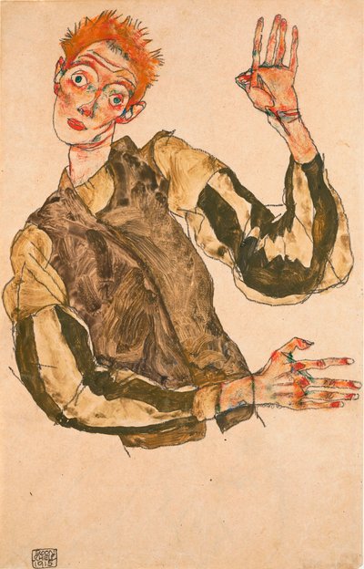 Autoportret z rękawami w paski - Praca Egona Schiele (1890-1918), gwasz na papierze autorstwa Egon Schiele
