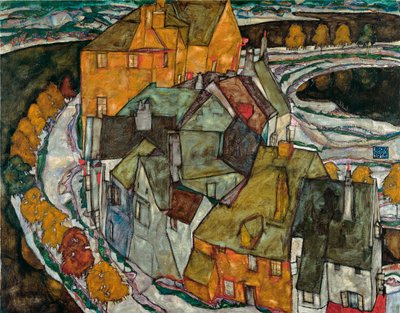 Półksiężyc domów II (miasto na wyspie) - Obraz Egona Schiele (1890-1918), olej na płótnie autorstwa Egon Schiele