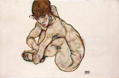 Przyczajona naga dziewczyna - Schiele, Egon (1890-1918) - 1914 - Czarna kreda, Gwasz na papierze - 31,5x48,2 - Muzeum Leopolda, Wiedeń autorstwa Egon Schiele