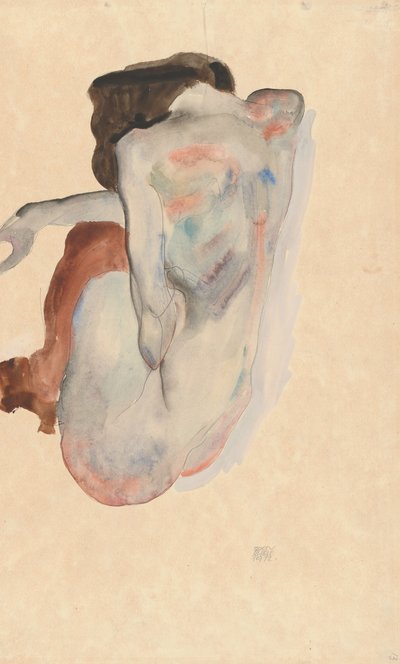 Przyczajony nago w butach i czarnych pończochach, widok z tyłu, 1912. autorstwa Egon Schiele