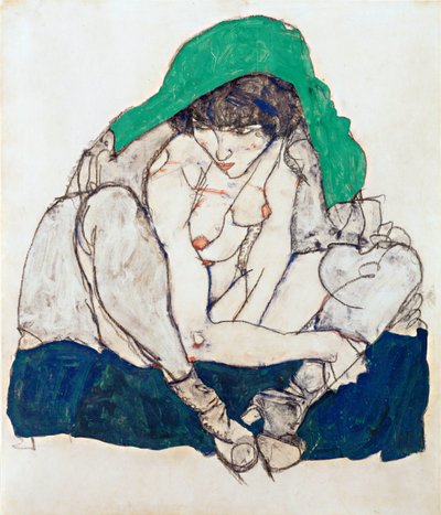 Przyczajona kobieta w zielonej chuście - Schiele, Egon (1890-1918) - 1914 - Czarna kreda, gwasz na papierze - 47x31 - Muzeum Leopolda, Wiedeń autorstwa Egon Schiele