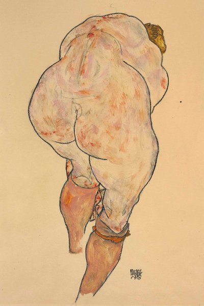 Akt kobiecy podciągający pończochy, widok z tyłu, 1918. autorstwa Egon Schiele