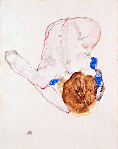 Naga kobieta w niebieskich pończochach, pochylona do przodu - Gwasz na papierze autorstwa Egona Schiele (1890-1918) autorstwa Egon Schiele