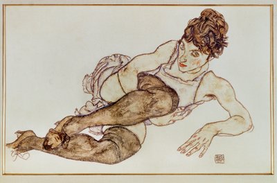 Kobieta w brązowych pończochach - Kobieta ... (gwasz i czarna kredka) autorstwa Egon Schiele