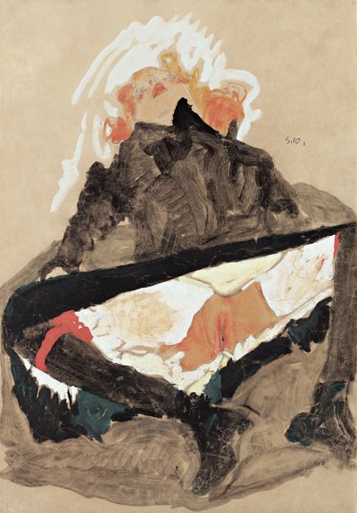 Dziewczyna w czarnej sukni z rozłożonymi nogami, 1910 autorstwa Egon Schiele
