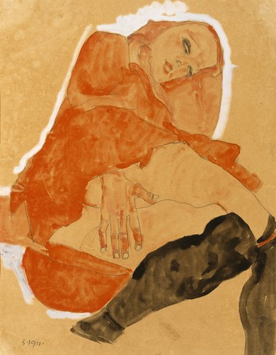 Dziewczyna w czerwonej szacie i czarnych pończochach autorstwa Egon Schiele