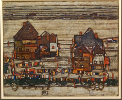 Domy i kolorowa pralnia, przedmieście, również dwa bloki domów z liniami do prania ... autorstwa Egon Schiele