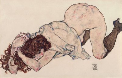 Klęcząca dziewczynka, opierająca się na obu łokciach autorstwa Egon Schiele