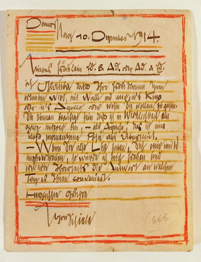 Artystycznie opracowany list Egona Schiele do sióstr Edith i Adele Harms z datą 10 ... (tusz, kredki) autorstwa Egon Schiele