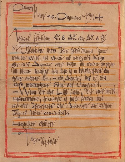 Artystycznie zaprojektowany list Egona Schiele do sióstr Edith i Adele Harms z 10 grudnia 1914 autorstwa Egon Schiele