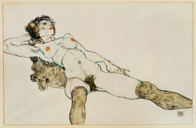 Leżący akt kobiecy z rozłożonymi nogami ... (gwasz i ołówek) autorstwa Egon Schiele