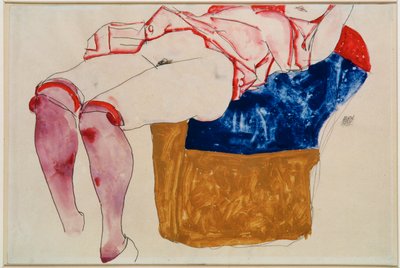 Leżąca dziewczyna w fioletowych pończochach [Leżąca ... (gwasz, akwarela i ołówek) autorstwa Egon Schiele