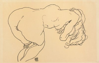 Długowłosy nago, pochylony do przodu, widok z tyłu; Langhaariger Akt, vornubergebeugt, Ruckenansicht, 1918 autorstwa Egon Schiele