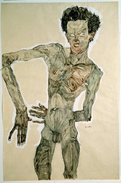 Akt męski (autoportret). Rysunek Egona Schiele (1890-1918), 1910. Ołówek, akwarela i tempera na papierze. Wymiary: 55,7x36,8cm. Wiedeń, Graphische Sammlung Albertina autorstwa Egon Schiele