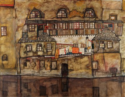 Ściana domów nad rzeką - Obraz Egona Schiele (1890-1918), olej na płótnie autorstwa Egon Schiele