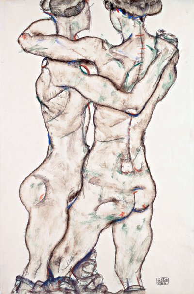 Nagie dziewczyny w objęciach - Schiele, Egon (1890-1918) - 1914 - Czarna kreda, gwasz na papierze - 48x31,2 - Muzeum Leopolda, Wiedeń autorstwa Egon Schiele