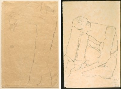 Nagi mężczyzna z podniesionymi rękami (rekto) Siedzący mężczyzna (verso) autorstwa Egon Schiele