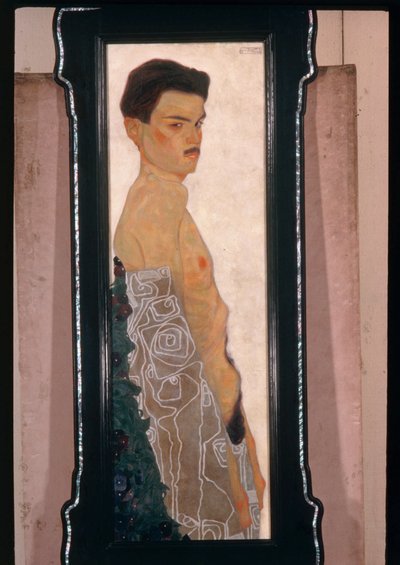 Autoportret aktu z ozdobną draperią ... (farba olejna i metaliczna) autorstwa Egon Schiele