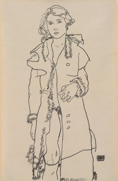 Nude z futrzanym płaszczem; Naga dziewczyna w futrzanym płaszczu, 1917 autorstwa Egon Schiele