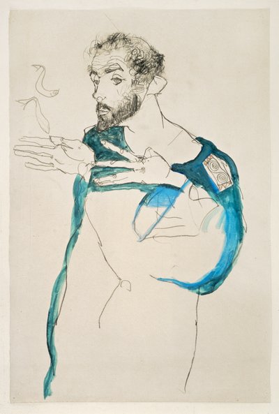 Malarz Gustav Klimt w niebieskim fartuchu malarskim (gwasz i ołówek) autorstwa Egon Schiele