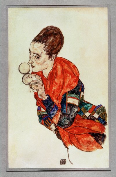 Portret aktorki Margi Boerner z puderniczką ... (gwasz i czarna kredka) autorstwa Egon Schiele