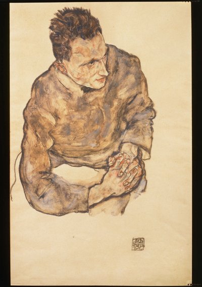 Portret Karla Grünwalda z zaciśniętymi dłońmi... (akwarela i czarna kredka) autorstwa Egon Schiele