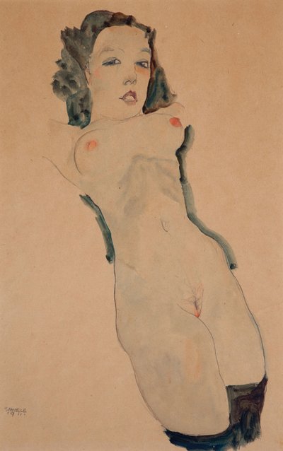 Leżąc nago w czarnych pończochach autorstwa Egon Schiele